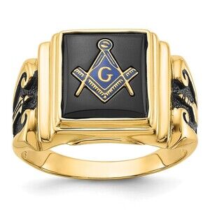 14k Yellow Gold Genuine Fine Jewelry  Men's  Black Enamel & Onyx Masonic Ring